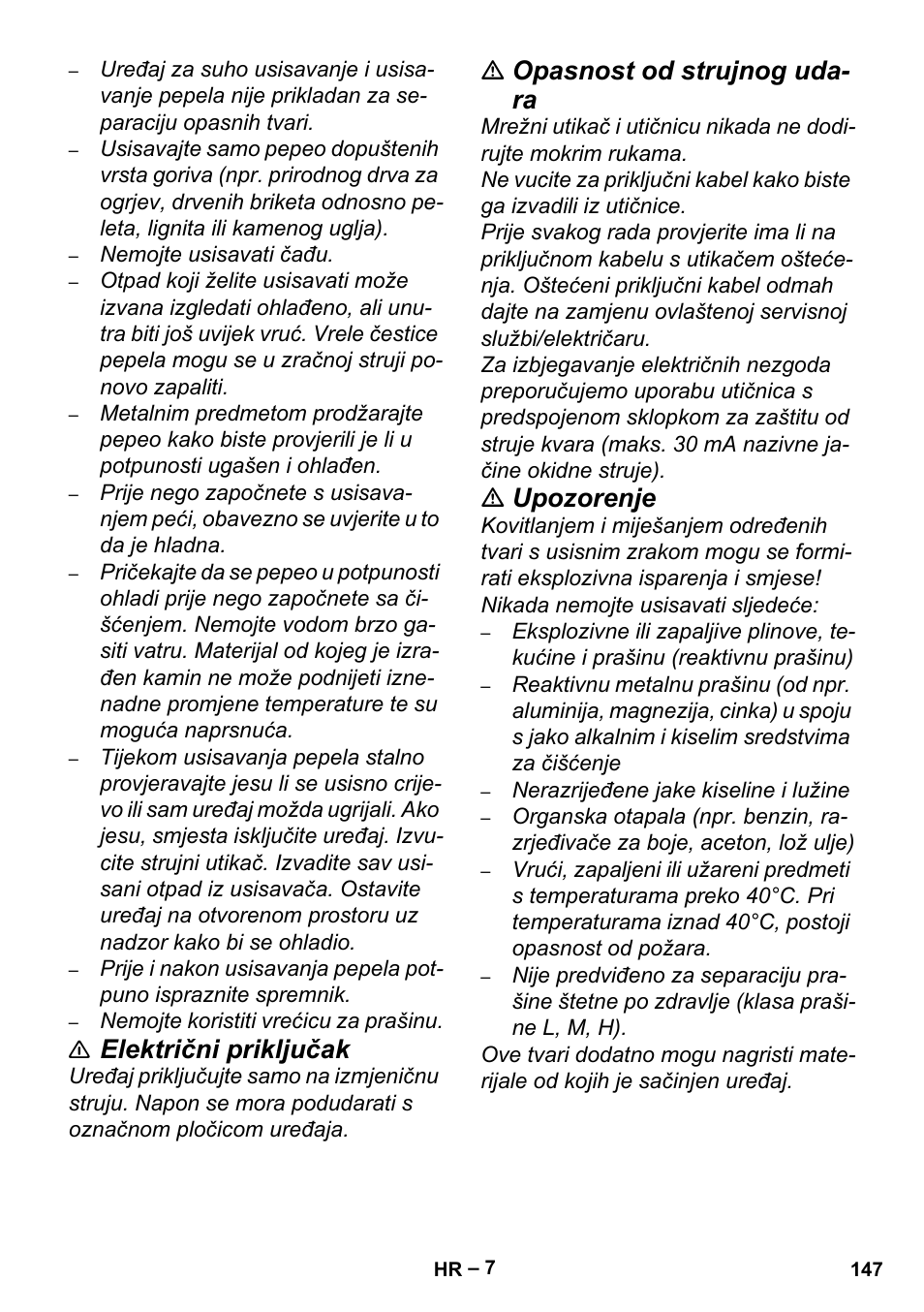 Električni priključak, Opasnost od strujnog uda- ra, Upozorenje | Karcher Aspiracenere AD 3-200 User Manual | Page 147 / 214