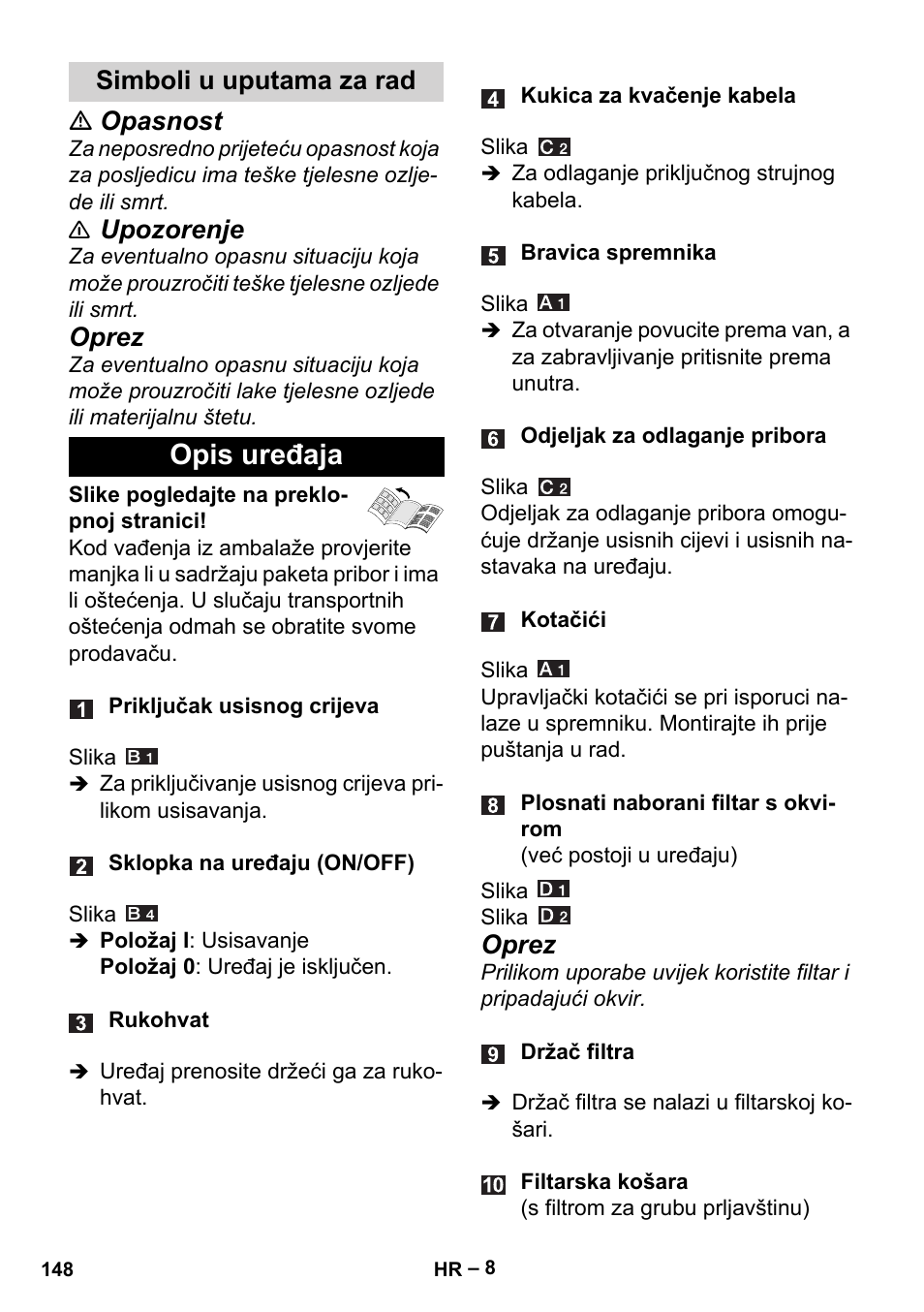 Simboli u uputama za rad, Opis uređaja, Opasnost | Upozorenje, Oprez | Karcher Aspiracenere AD 3-200 User Manual | Page 148 / 214