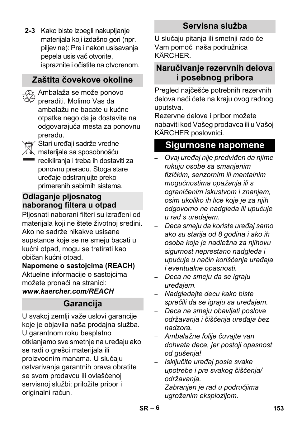Zaštita čovekove okoline, Odlaganje pljosnatog naboranog filtera u otpad, Garancija | Servisna služba, Naručivanje rezervnih delova i posebnog pribora, Sigurnosne napomene | Karcher Aspiracenere AD 3-200 User Manual | Page 153 / 214