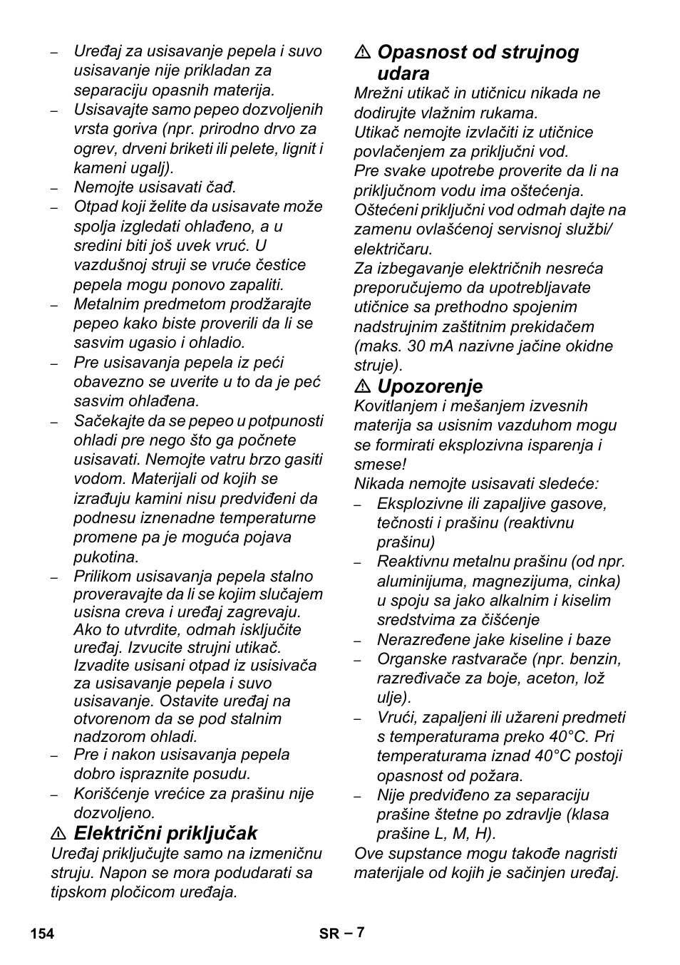 Električni priključak, Opasnost od strujnog udara, Upozorenje | Karcher Aspiracenere AD 3-200 User Manual | Page 154 / 214