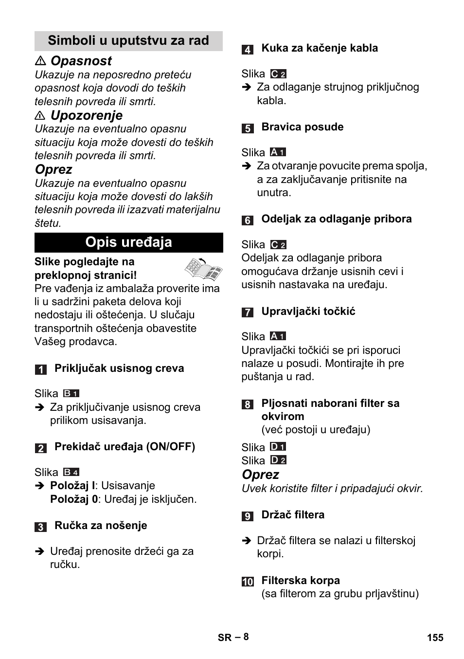 Simboli u uputstvu za rad, Opis uređaja, Opasnost | Upozorenje, Oprez | Karcher Aspiracenere AD 3-200 User Manual | Page 155 / 214