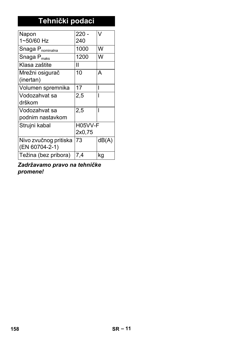 Tehnički podaci | Karcher Aspiracenere AD 3-200 User Manual | Page 158 / 214