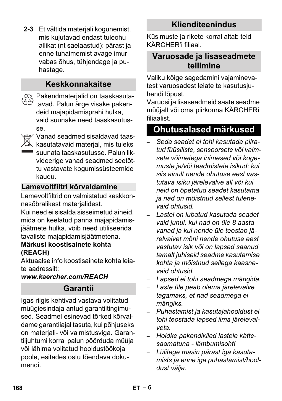 Keskkonnakaitse, Lamevoltfiltri kõrvaldamine, Garantii | Klienditeenindus, Varuosade ja lisaseadmete tellimine, Ohutusalased märkused | Karcher Aspiracenere AD 3-200 User Manual | Page 168 / 214