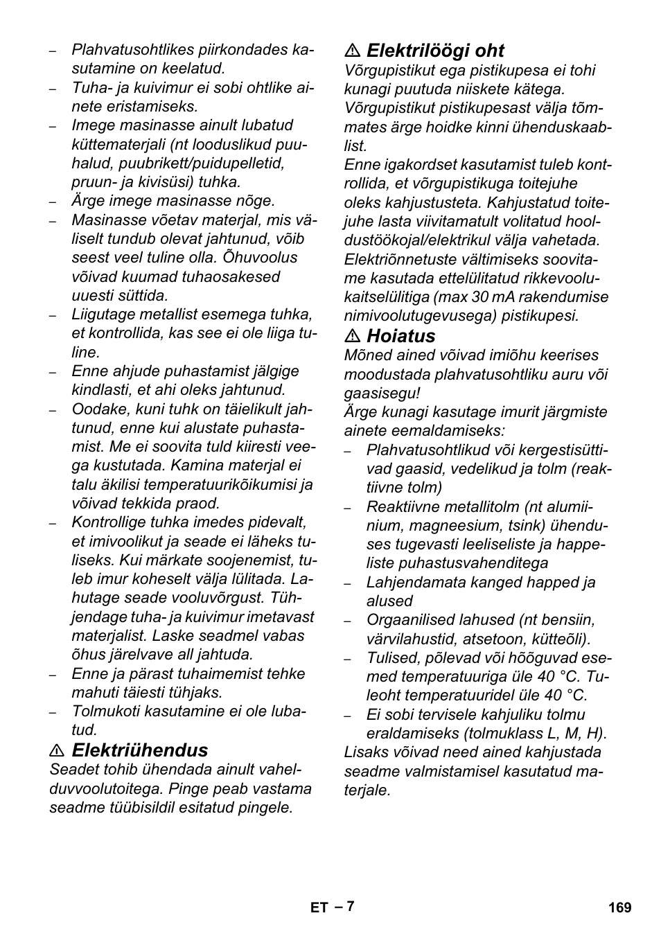 Elektriühendus, Elektrilöögi oht, Hoiatus | Karcher Aspiracenere AD 3-200 User Manual | Page 169 / 214