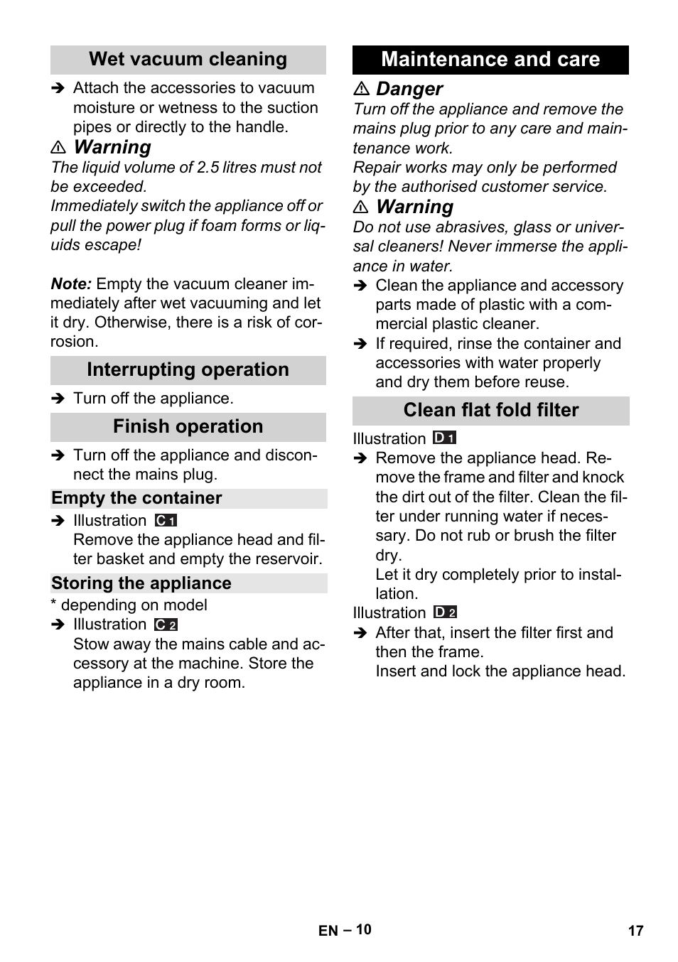 Wet vacuum cleaning, Interrupting operation, Finish operation | Empty the container, Storing the appliance, Maintenance and care, Clean flat fold filter, Warning, Danger | Karcher Aspiracenere AD 3-200 User Manual | Page 17 / 214