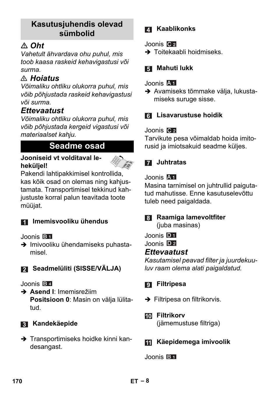 Kasutusjuhendis olevad sümbolid, Seadme osad, Hoiatus | Ettevaatust | Karcher Aspiracenere AD 3-200 User Manual | Page 170 / 214