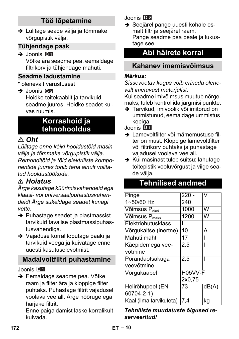 Töö lõpetamine, Tühjendage paak, Seadme ladustamine | Korrashoid ja tehnohooldus, Madalvoltfiltri puhastamine, Abi häirete korral, Kahanev imemisvõimsus, Tehnilised andmed, Hoiatus | Karcher Aspiracenere AD 3-200 User Manual | Page 172 / 214