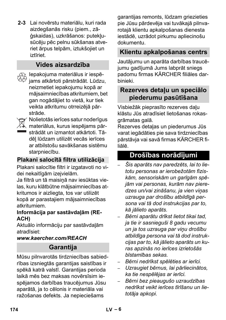 Vides aizsardzība, Plakani salocītā filtra utilizācija, Garantija | Klientu apkalpošanas centrs, Rezerves detaļu un speciālo piederumu pasūtīšana, Drošības norādījumi | Karcher Aspiracenere AD 3-200 User Manual | Page 174 / 214