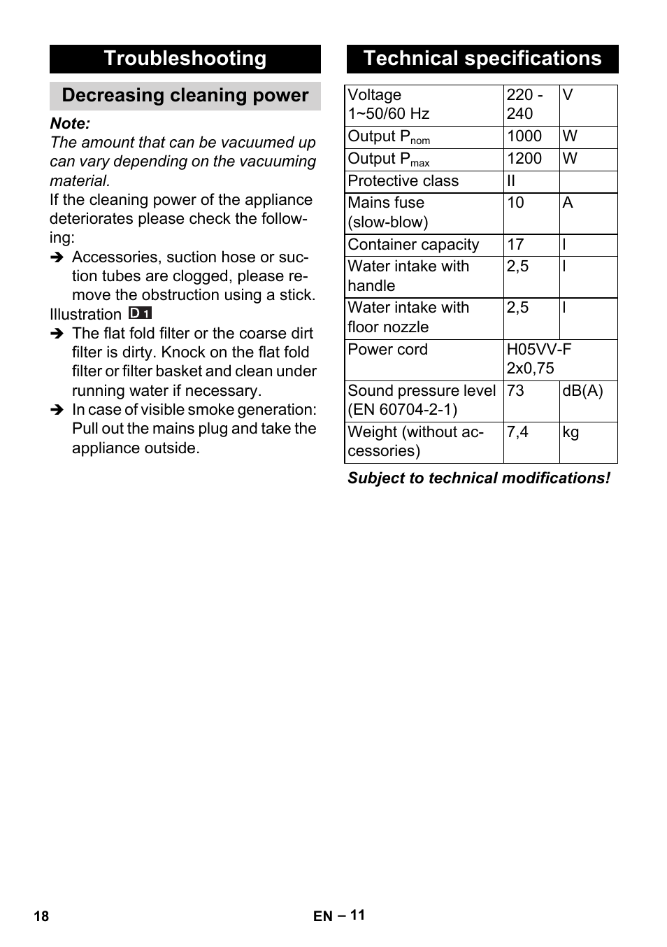 Troubleshooting, Decreasing cleaning power, Technical specifications | Karcher Aspiracenere AD 3-200 User Manual | Page 18 / 214