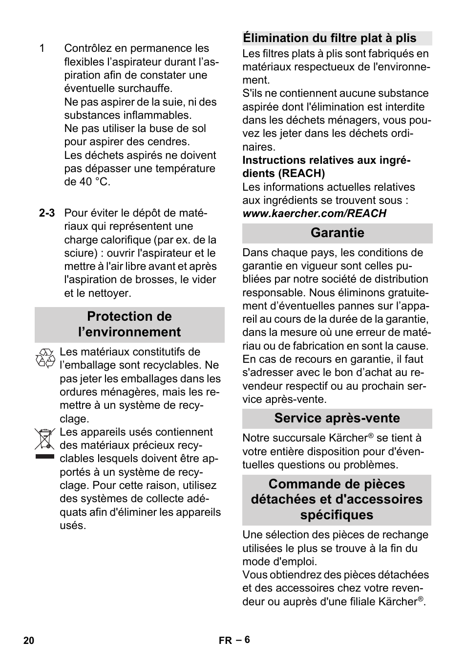 Protection de l’environnement, Élimination du filtre plat à plis, Garantie | Service après-vente | Karcher Aspiracenere AD 3-200 User Manual | Page 20 / 214