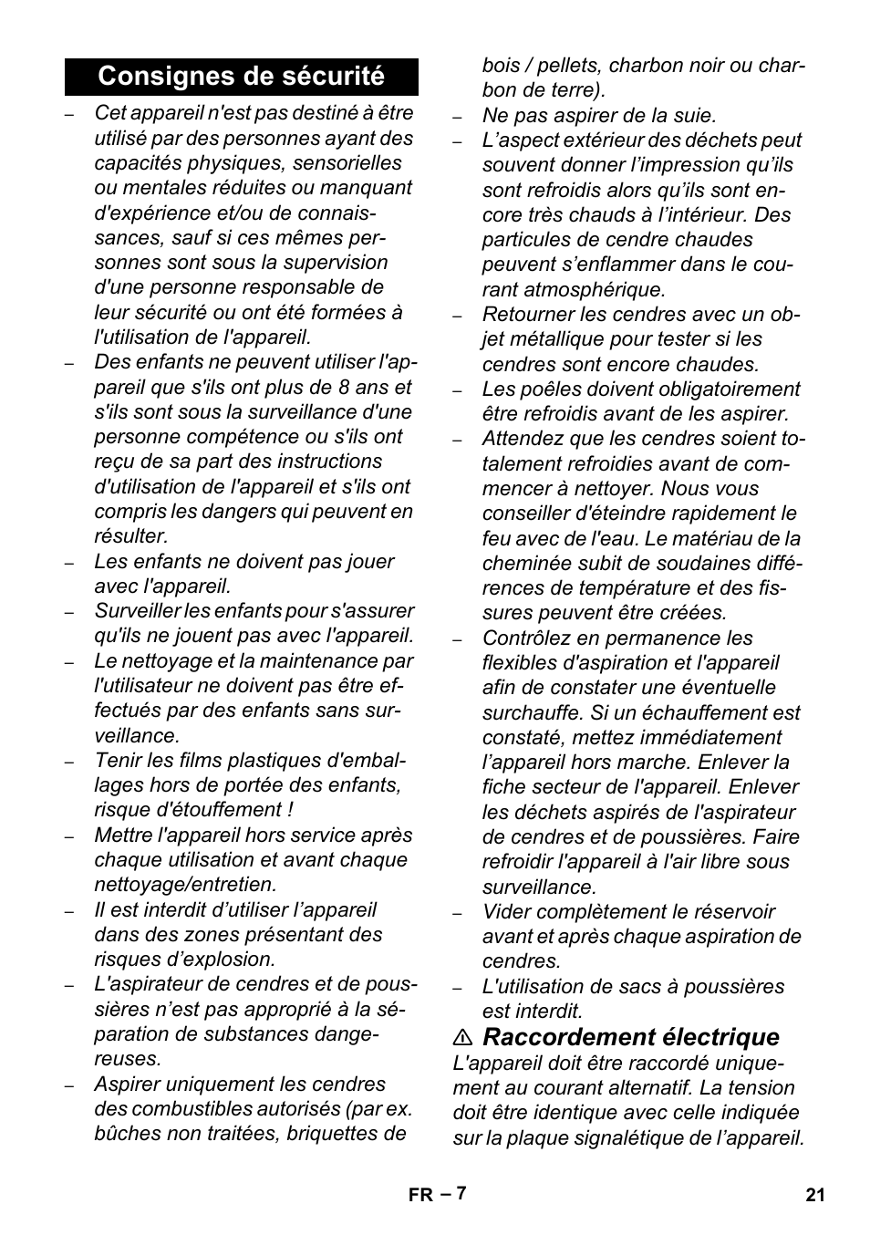 Consignes de sécurité, Raccordement électrique | Karcher Aspiracenere AD 3-200 User Manual | Page 21 / 214
