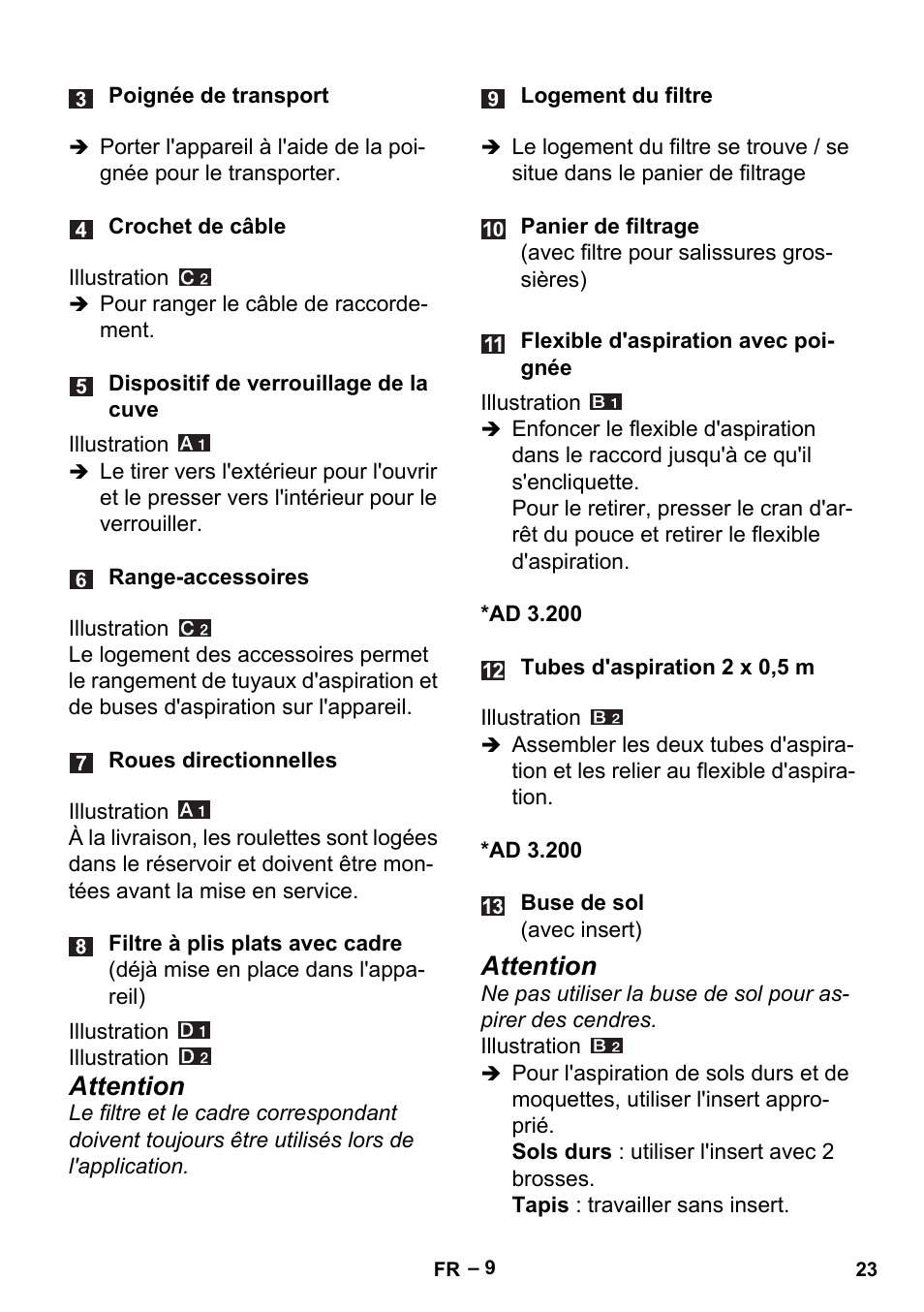 Attention | Karcher Aspiracenere AD 3-200 User Manual | Page 23 / 214
