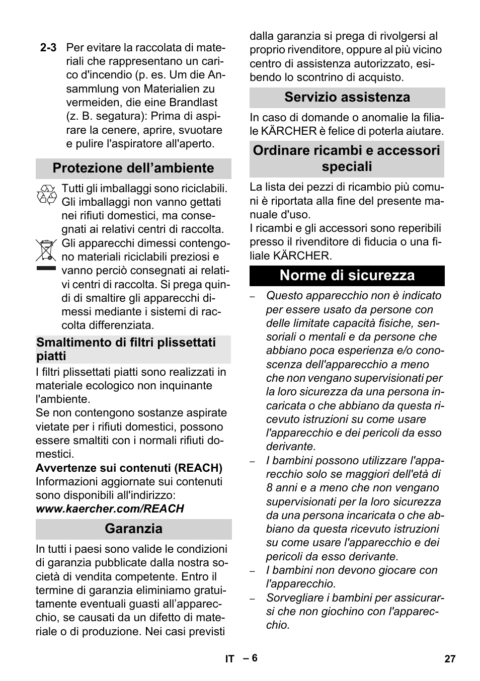 Protezione dell’ambiente, Smaltimento di filtri plissettati piatti, Garanzia | Servizio assistenza, Ordinare ricambi e accessori speciali, Norme di sicurezza | Karcher Aspiracenere AD 3-200 User Manual | Page 27 / 214