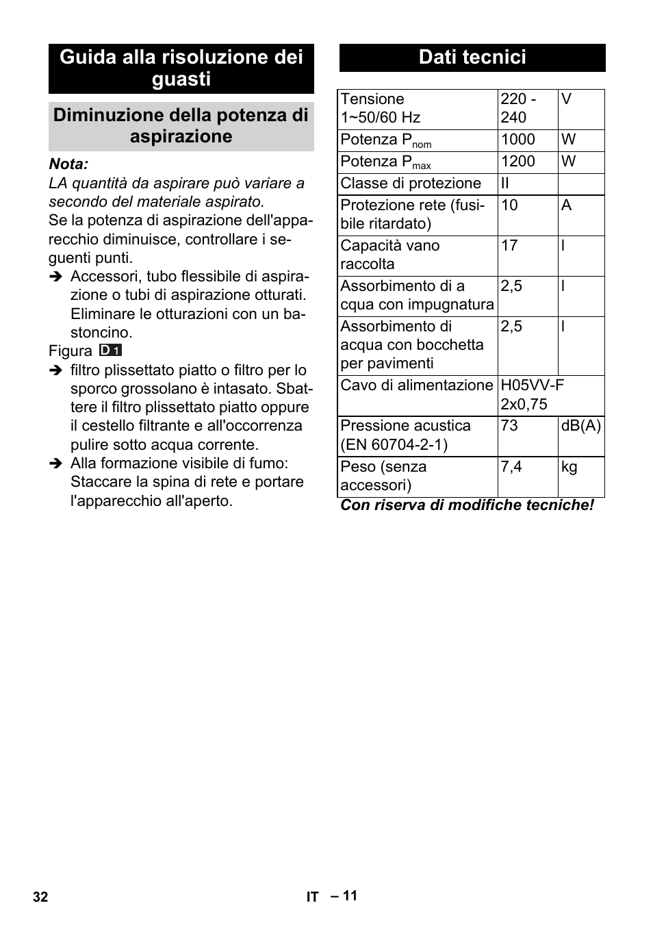 Guida alla risoluzione dei guasti, Diminuzione della potenza di aspirazione, Dati tecnici | Karcher Aspiracenere AD 3-200 User Manual | Page 32 / 214