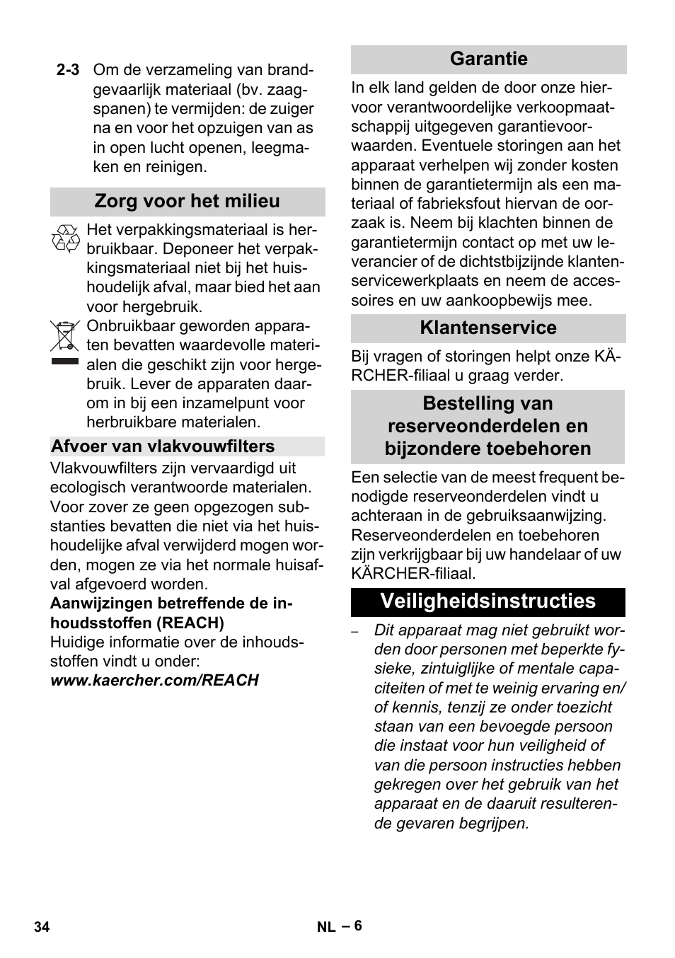 Zorg voor het milieu, Afvoer van vlakvouwfilters, Garantie | Klantenservice, Veiligheidsinstructies | Karcher Aspiracenere AD 3-200 User Manual | Page 34 / 214