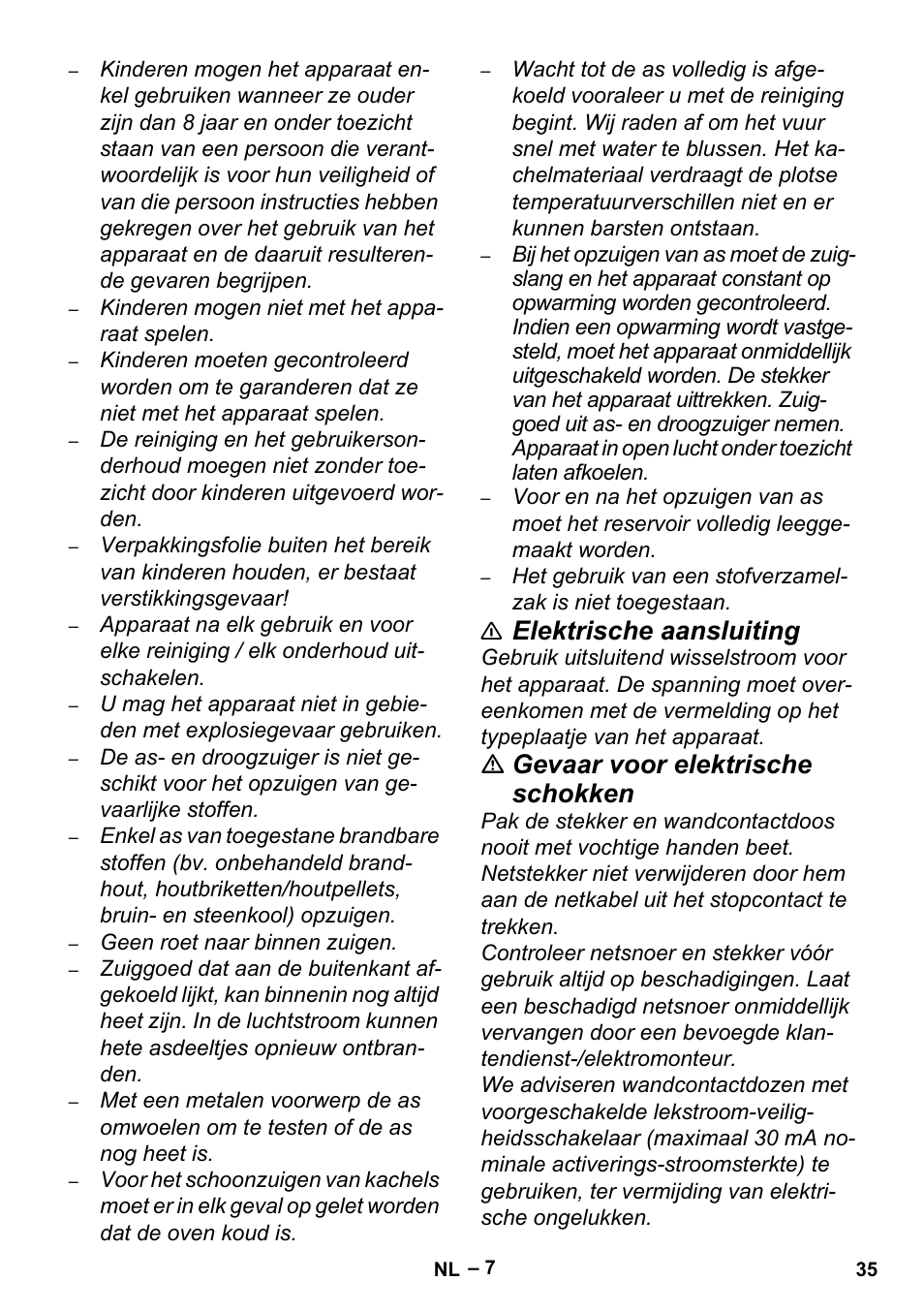 Elektrische aansluiting, Gevaar voor elektrische schokken | Karcher Aspiracenere AD 3-200 User Manual | Page 35 / 214