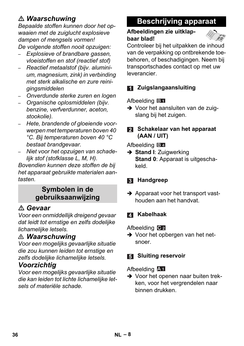 Symbolen in de gebruiksaanwijzing, Beschrijving apparaat, Waarschuwing | Gevaar, Voorzichtig | Karcher Aspiracenere AD 3-200 User Manual | Page 36 / 214