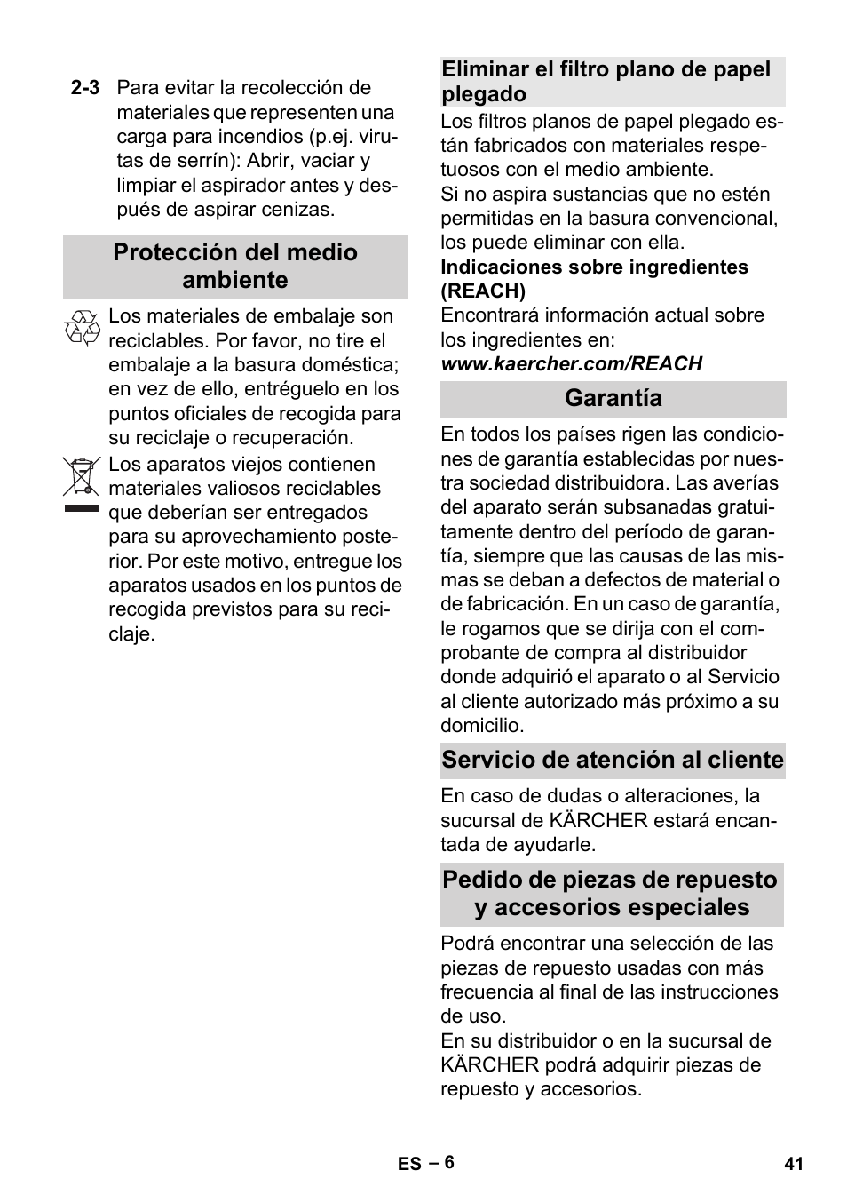 Protección del medio ambiente, Eliminar el filtro plano de papel plegado, Garantía | Servicio de atención al cliente | Karcher Aspiracenere AD 3-200 User Manual | Page 41 / 214