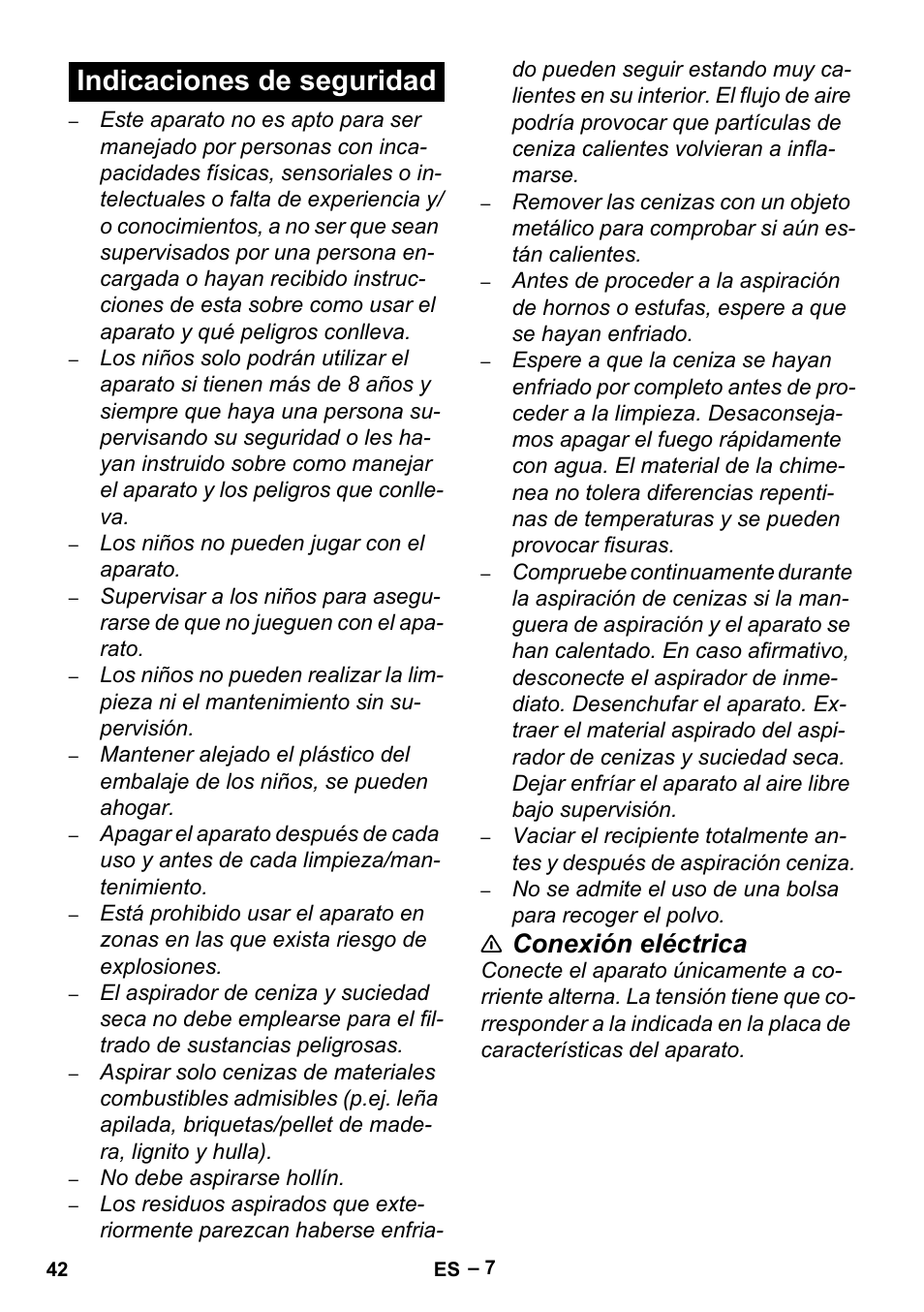 Indicaciones de seguridad, Conexión eléctrica | Karcher Aspiracenere AD 3-200 User Manual | Page 42 / 214