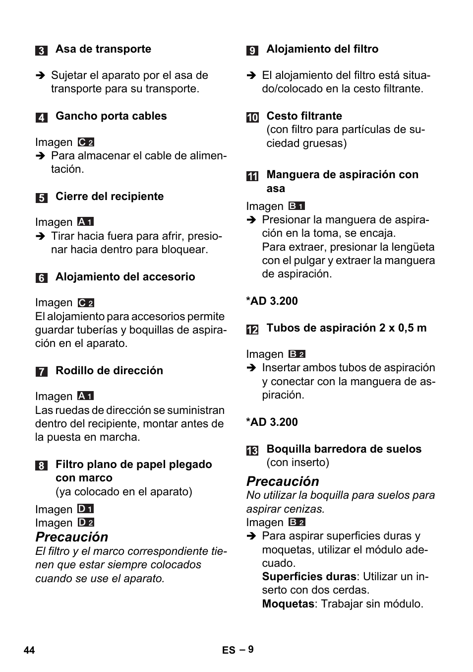 Precaución | Karcher Aspiracenere AD 3-200 User Manual | Page 44 / 214