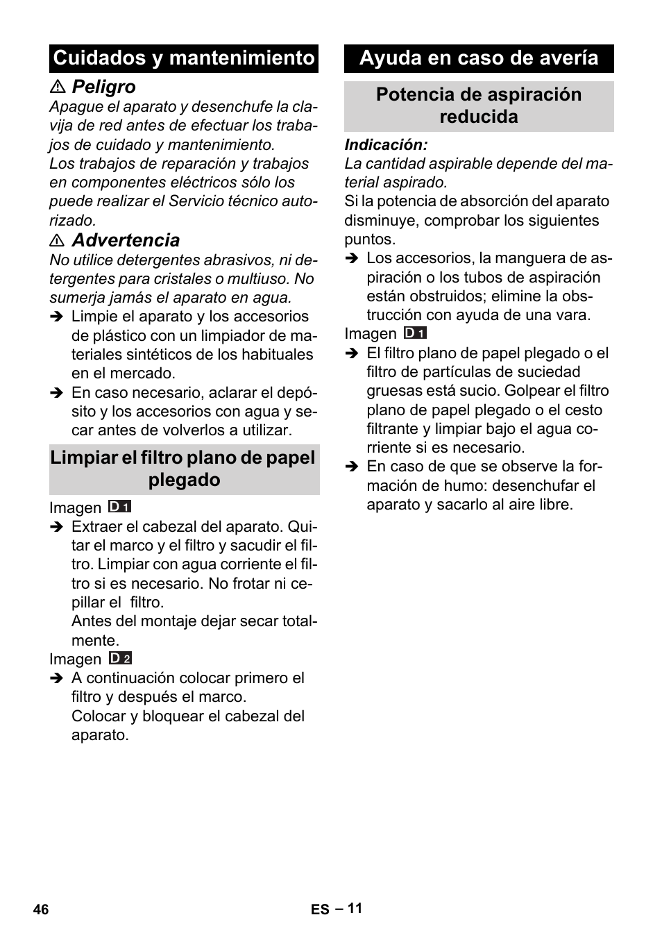 Cuidados y mantenimiento, Limpiar el filtro plano de papel plegado, Ayuda en caso de avería | Potencia de aspiración reducida, Peligro, Advertencia | Karcher Aspiracenere AD 3-200 User Manual | Page 46 / 214