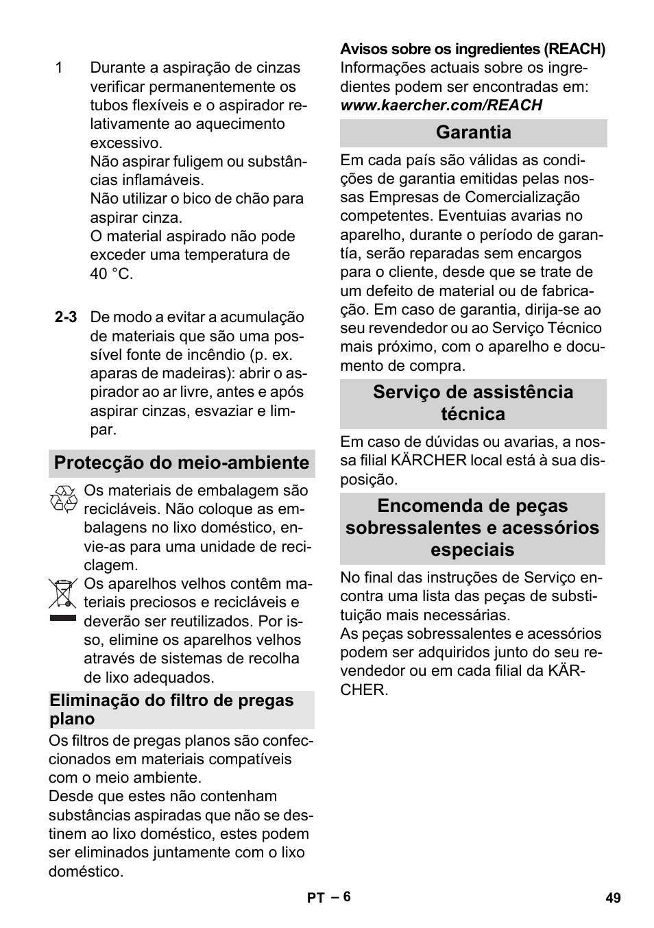 Protecção do meio-ambiente, Eliminação do filtro de pregas plano, Garantia | Serviço de assistência técnica | Karcher Aspiracenere AD 3-200 User Manual | Page 49 / 214