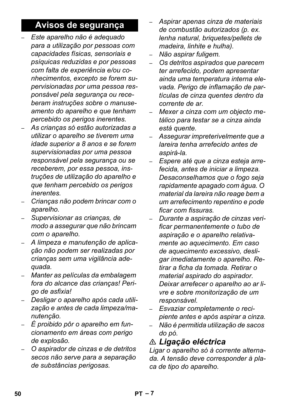 Avisos de segurança, Ligação eléctrica | Karcher Aspiracenere AD 3-200 User Manual | Page 50 / 214