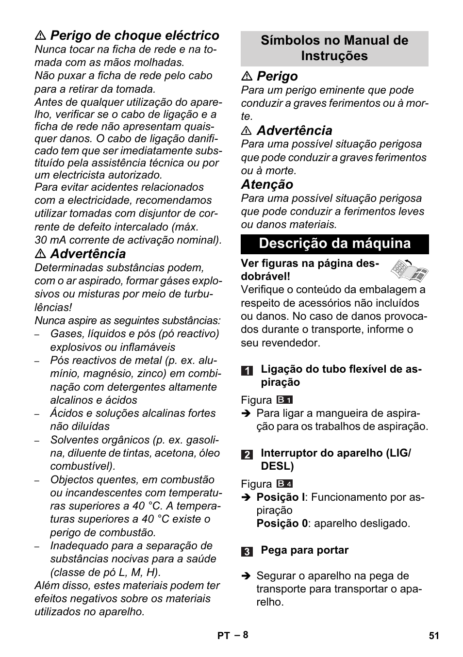 Símbolos no manual de instruções, Descrição da máquina, Perigo de choque eléctrico | Advertência, Perigo, Atenção | Karcher Aspiracenere AD 3-200 User Manual | Page 51 / 214