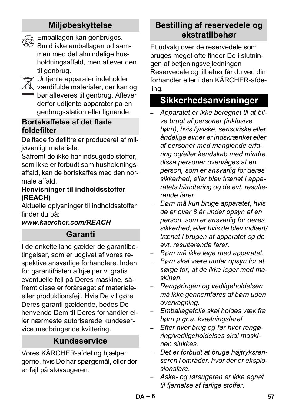 Miljøbeskyttelse, Bortskaffelse af det flade foldefilter, Garanti | Kundeservice, Bestilling af reservedele og ekstratilbehør, Sikkerhedsanvisninger | Karcher Aspiracenere AD 3-200 User Manual | Page 57 / 214
