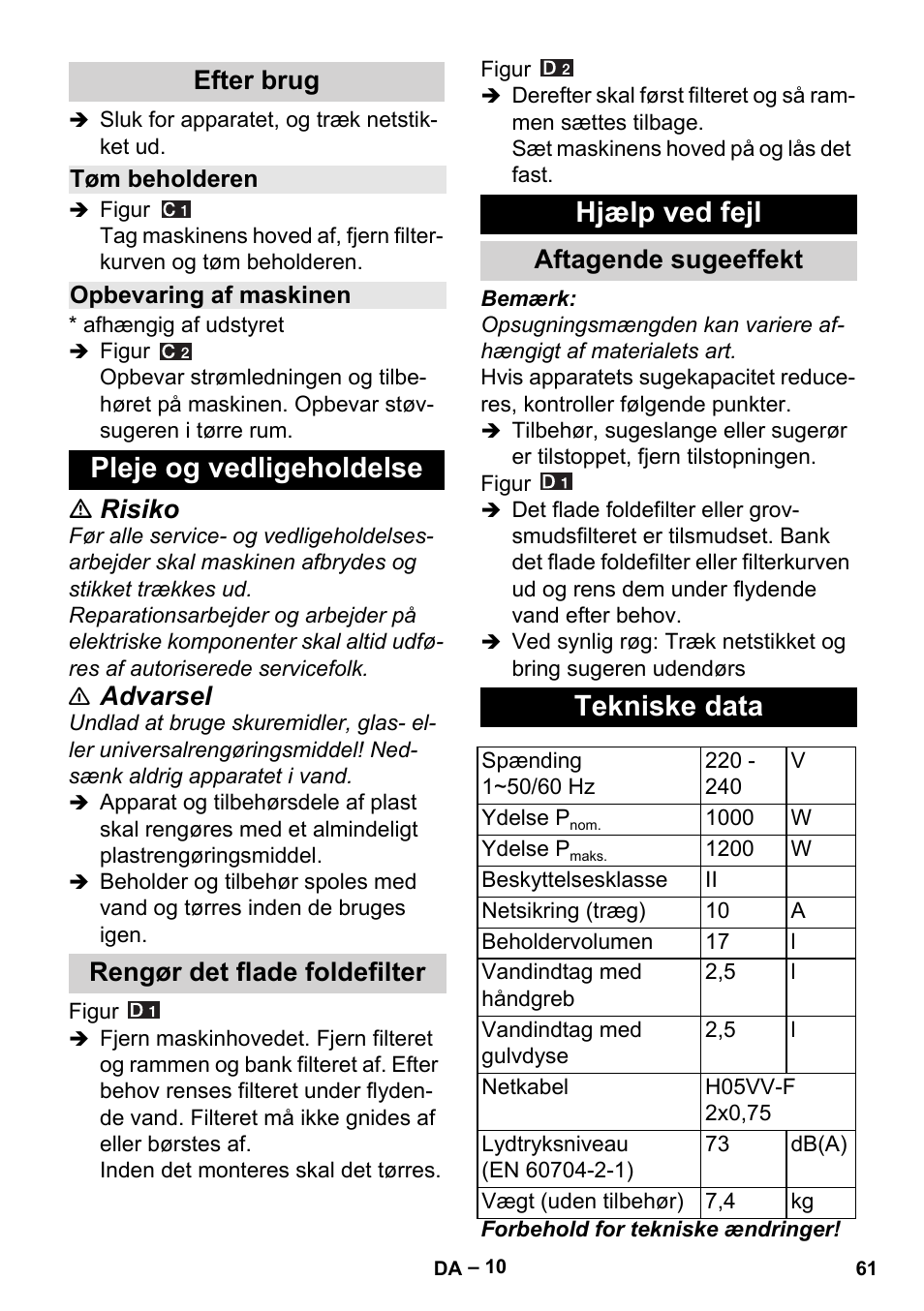 Efter brug, Tøm beholderen, Opbevaring af maskinen | Pleje og vedligeholdelse, Rengør det flade foldefilter, Hjælp ved fejl, Aftagende sugeeffekt, Tekniske data, Risiko, Advarsel | Karcher Aspiracenere AD 3-200 User Manual | Page 61 / 214