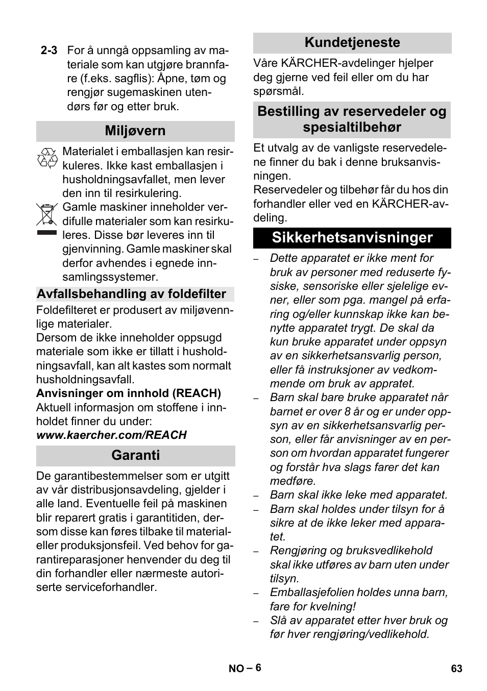 Miljøvern, Avfallsbehandling av foldefilter, Garanti | Kundetjeneste, Bestilling av reservedeler og spesialtilbehør, Sikkerhetsanvisninger | Karcher Aspiracenere AD 3-200 User Manual | Page 63 / 214