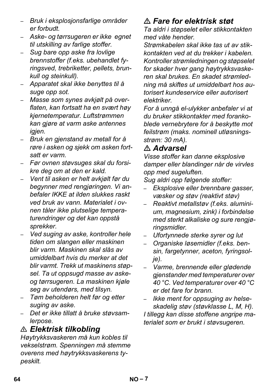 Elektrisk tilkobling, Fare for elektrisk støt, Advarsel | Karcher Aspiracenere AD 3-200 User Manual | Page 64 / 214
