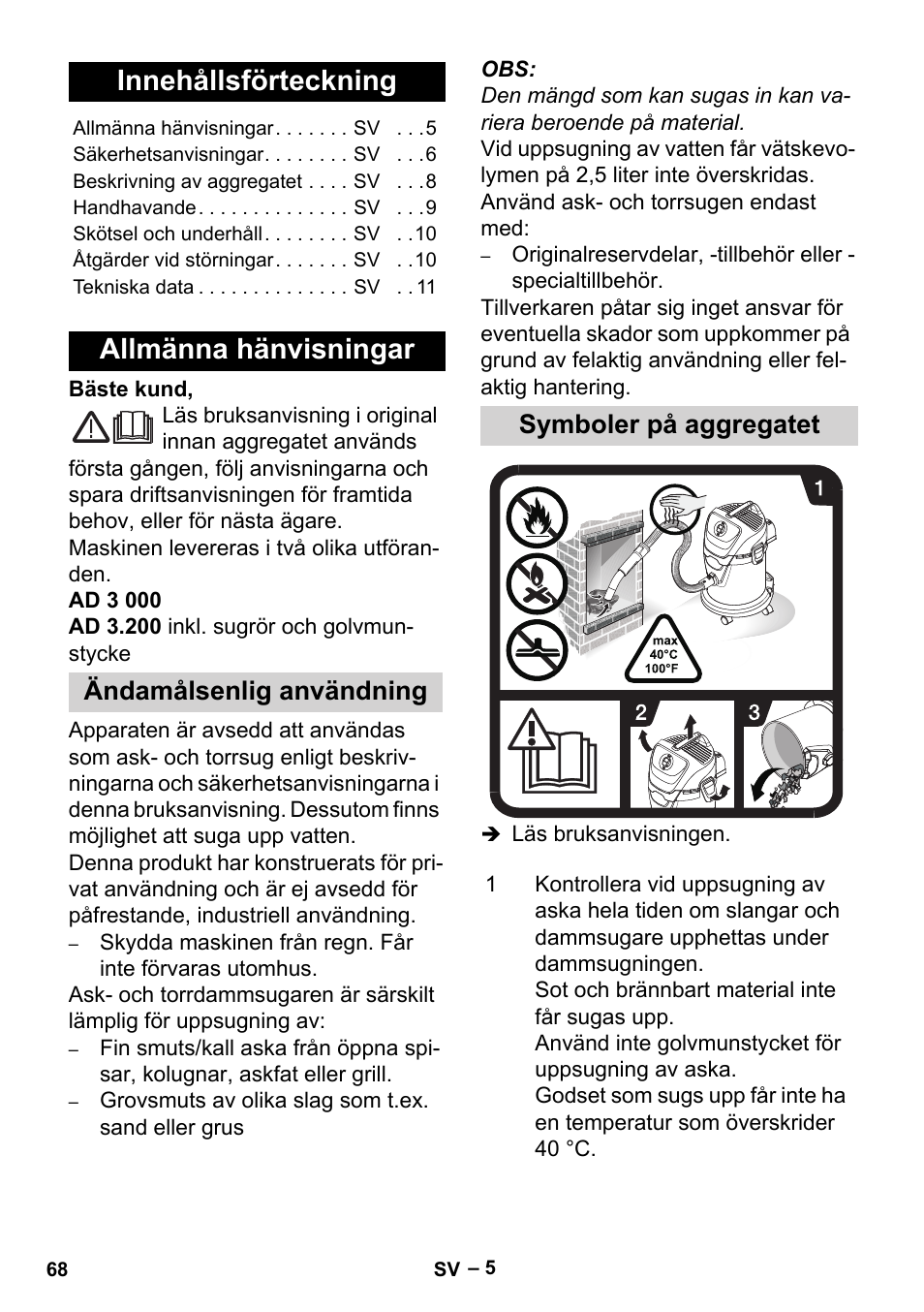 Svenska, Innehållsförteckning, Allmänna hänvisningar | Ändamålsenlig användning, Symboler på aggregatet, Ändamålsenlig användning symboler på aggregatet | Karcher Aspiracenere AD 3-200 User Manual | Page 68 / 214