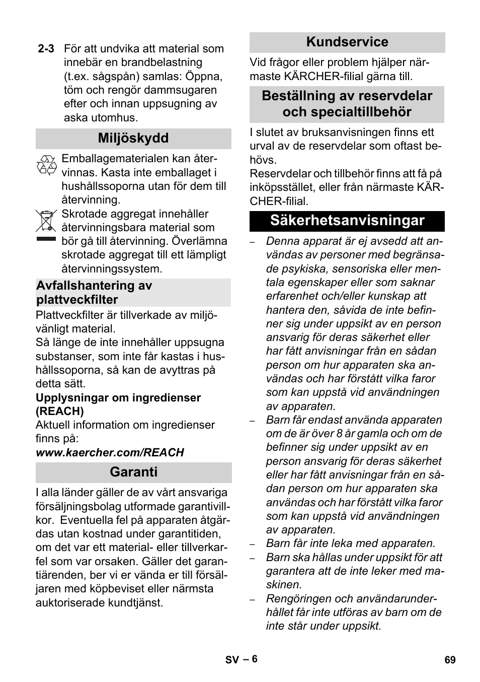 Miljöskydd, Avfallshantering av plattveckfilter, Garanti | Kundservice, Beställning av reservdelar och specialtillbehör, Säkerhetsanvisningar | Karcher Aspiracenere AD 3-200 User Manual | Page 69 / 214