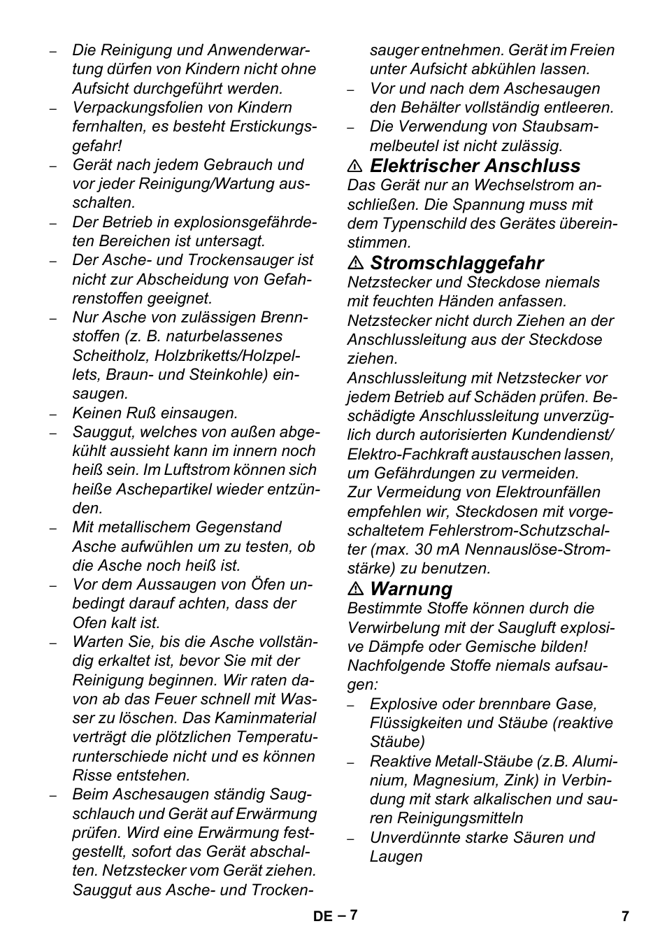 Elektrischer anschluss, Stromschlaggefahr, Warnung | Karcher Aspiracenere AD 3-200 User Manual | Page 7 / 214