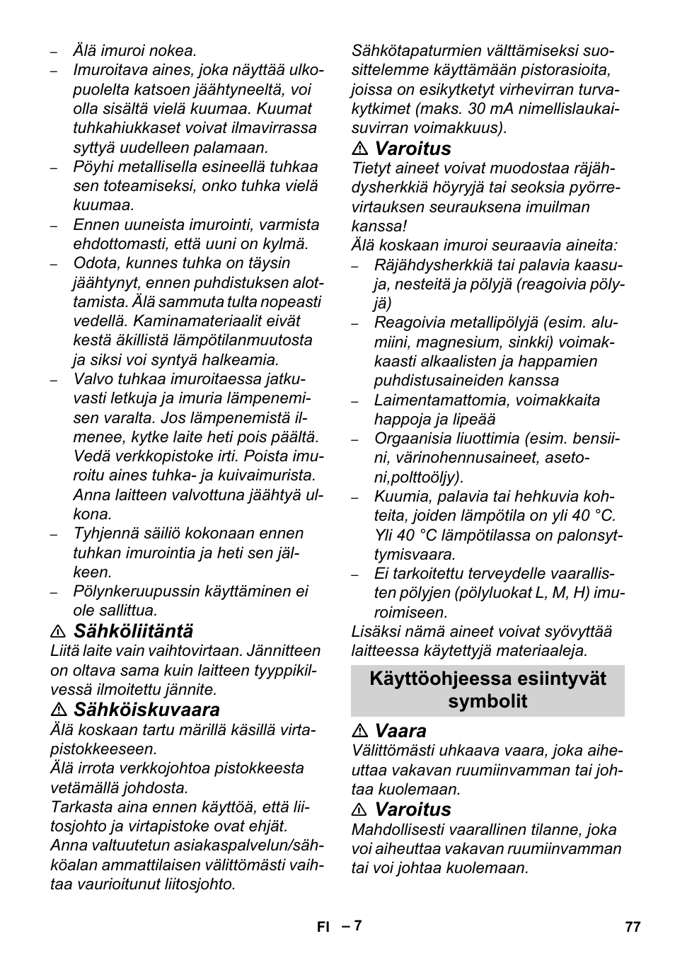 Käyttöohjeessa esiintyvät symbolit, Sähköliitäntä, Sähköiskuvaara | Varoitus, Vaara | Karcher Aspiracenere AD 3-200 User Manual | Page 77 / 214