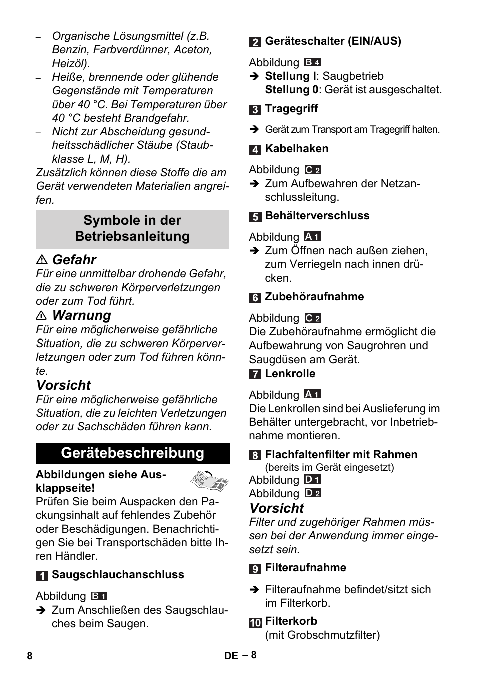 Symbole in der betriebsanleitung, Gerätebeschreibung, Gefahr | Warnung, Vorsicht | Karcher Aspiracenere AD 3-200 User Manual | Page 8 / 214