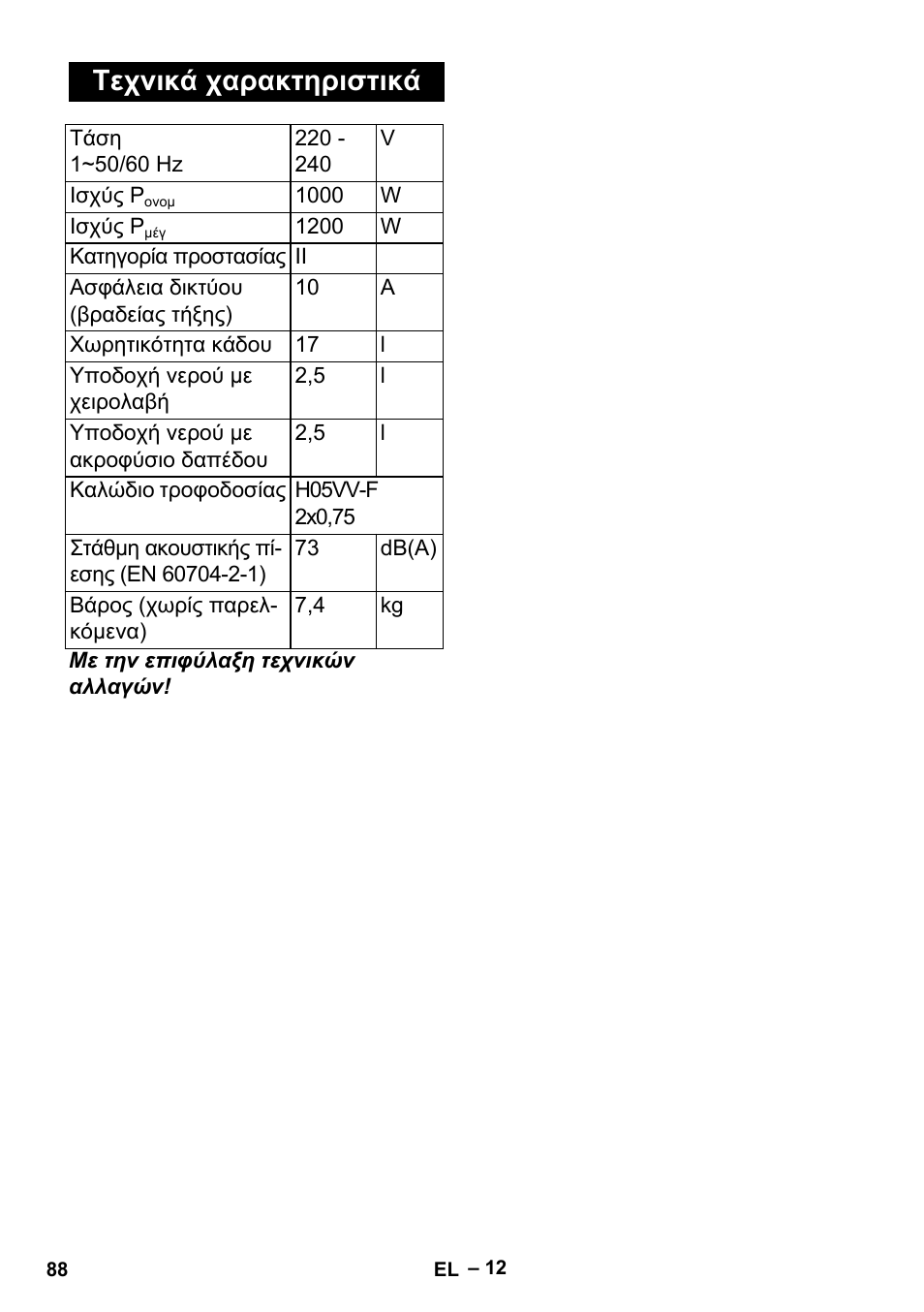 Τεχνικά χαρακτηριστικά | Karcher Aspiracenere AD 3-200 User Manual | Page 88 / 214