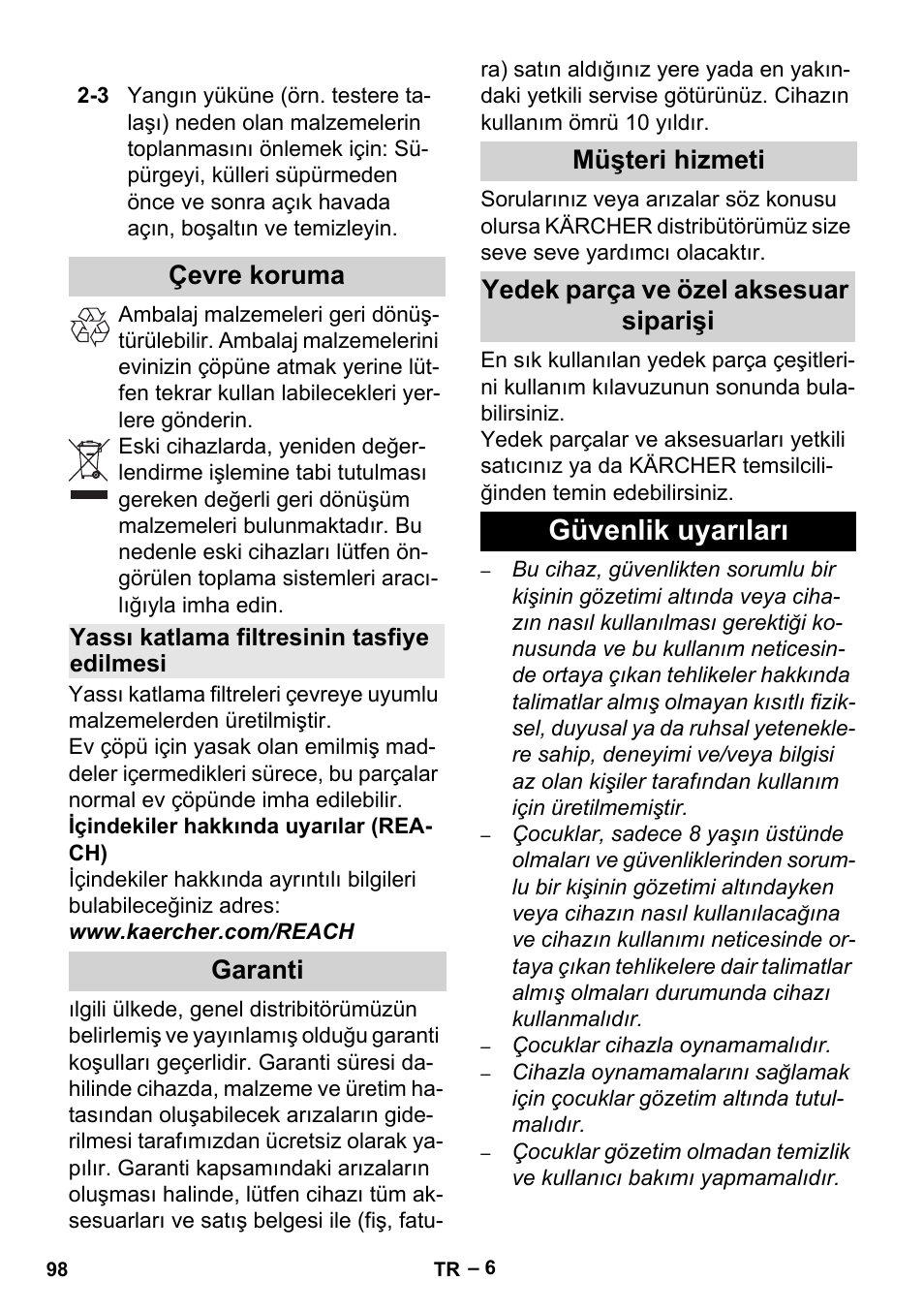 Çevre koruma, Yassı katlama filtresinin tasfiye edilmesi, Garanti | Müşteri hizmeti, Yedek parça ve özel aksesuar siparişi, Güvenlik uyarıları | Karcher Aspiracenere AD 3-200 User Manual | Page 98 / 214