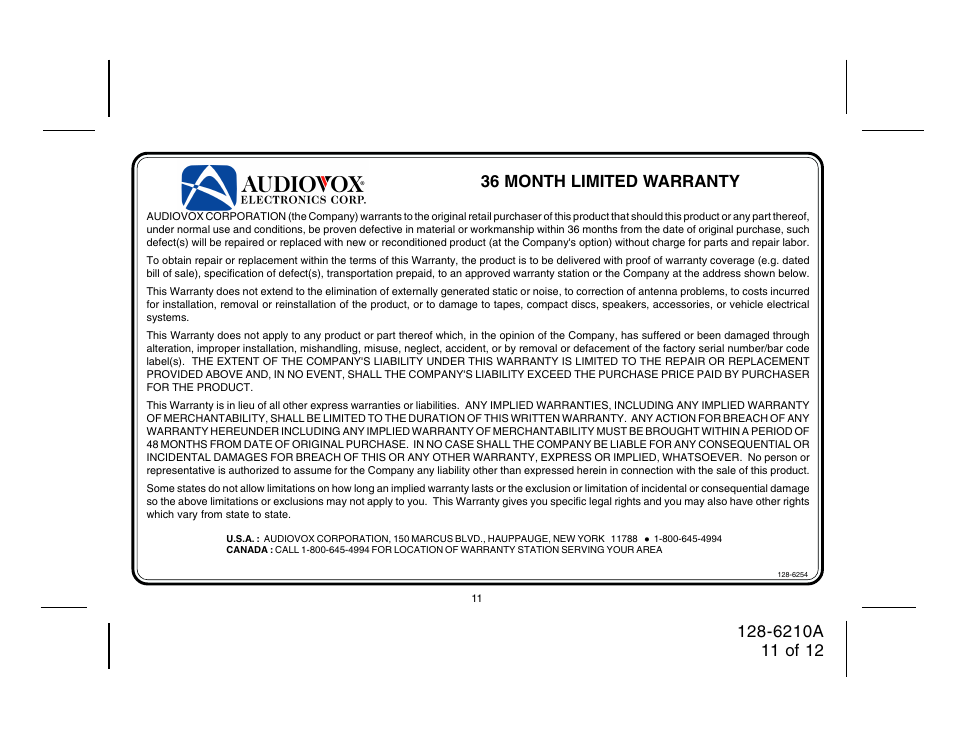 36 month limited warranty | Audiovox 128-6210A User Manual | Page 11 / 12