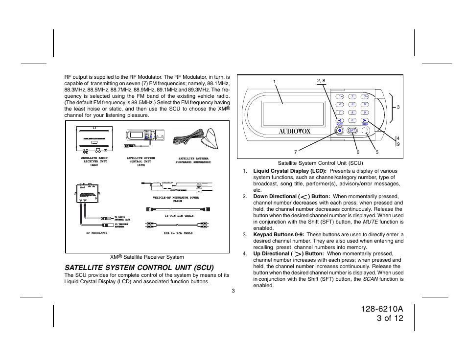 Satellite system control unit (scu), Audio out l r din out sat. ter | Audiovox 128-6210A User Manual | Page 3 / 12