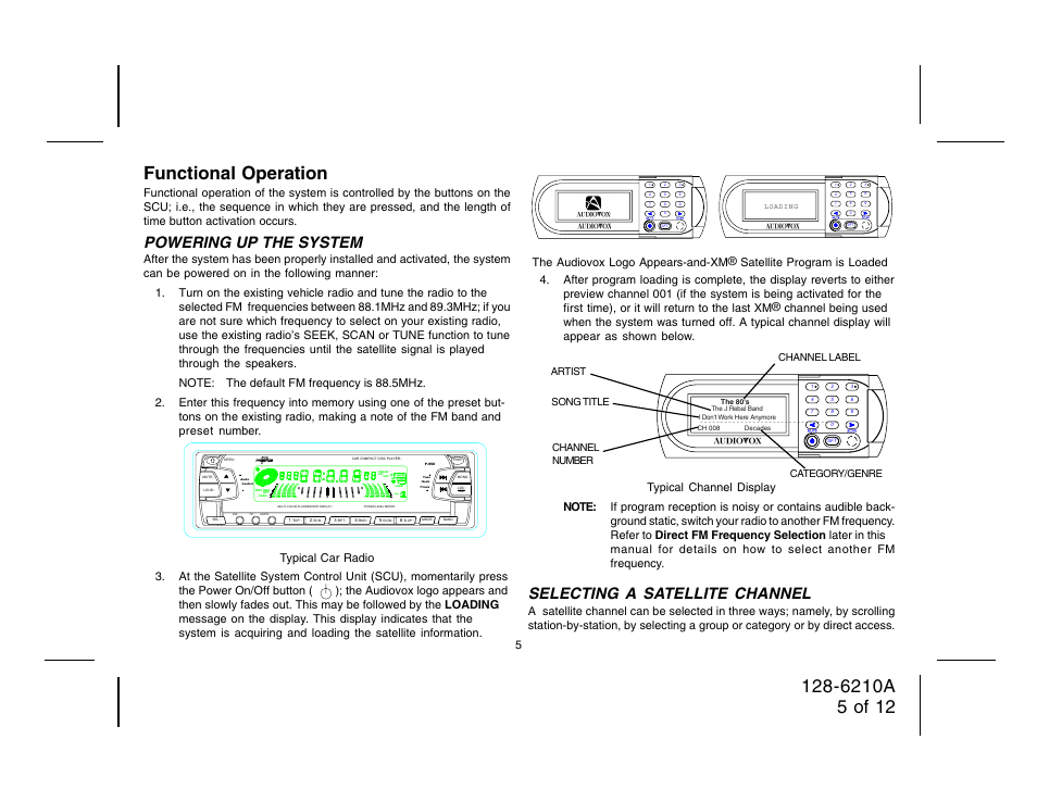 Functional operation, Selecting a satellite channel, Powering up the system | Sub. w | Audiovox 128-6210A User Manual | Page 5 / 12