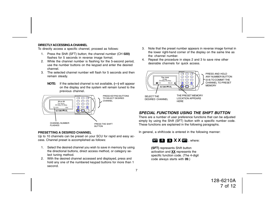 Special functions using the shift button | Audiovox 128-6210A User Manual | Page 7 / 12
