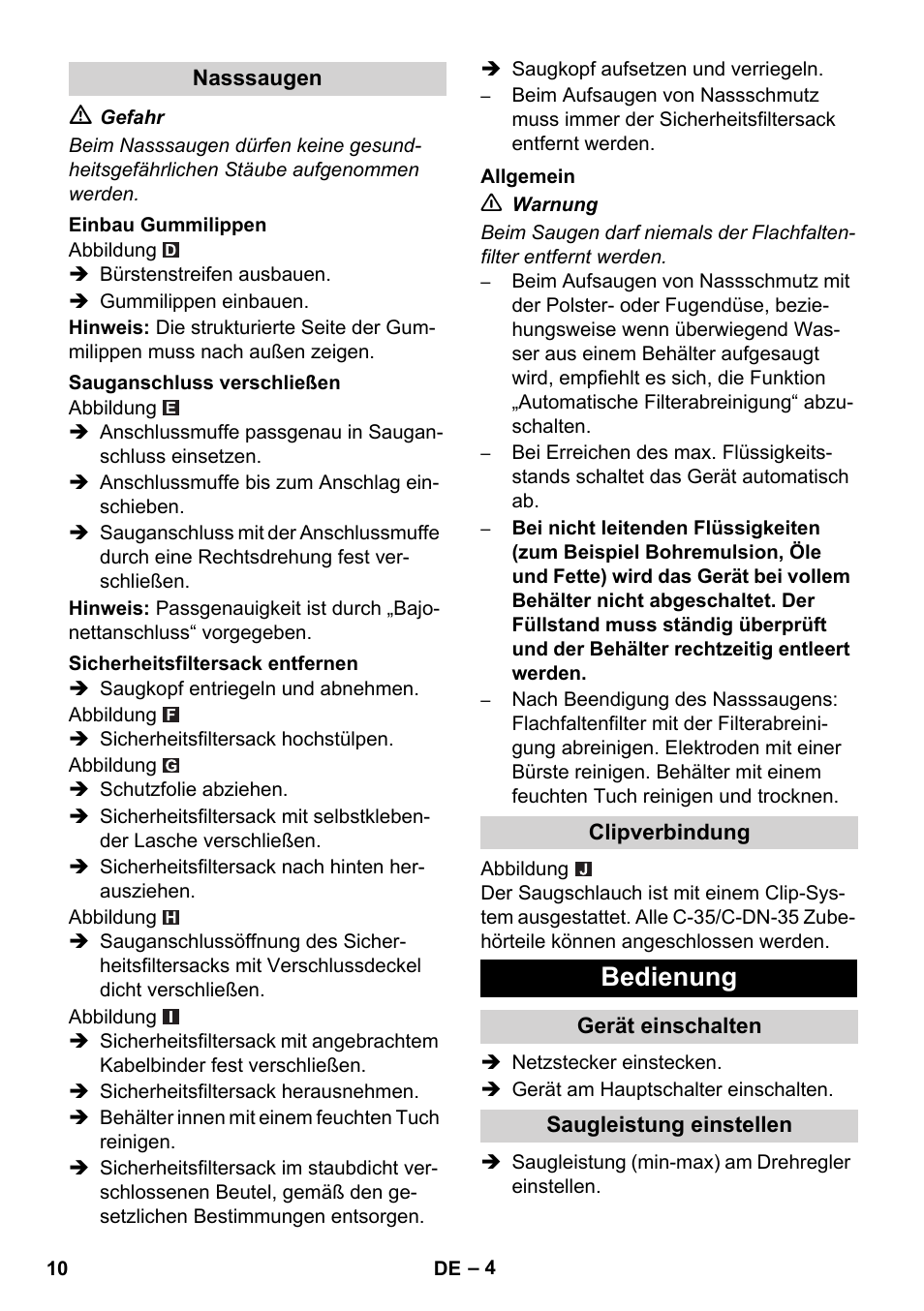 Bedienung | Karcher NT 45-1 Tact Te H User Manual | Page 10 / 292