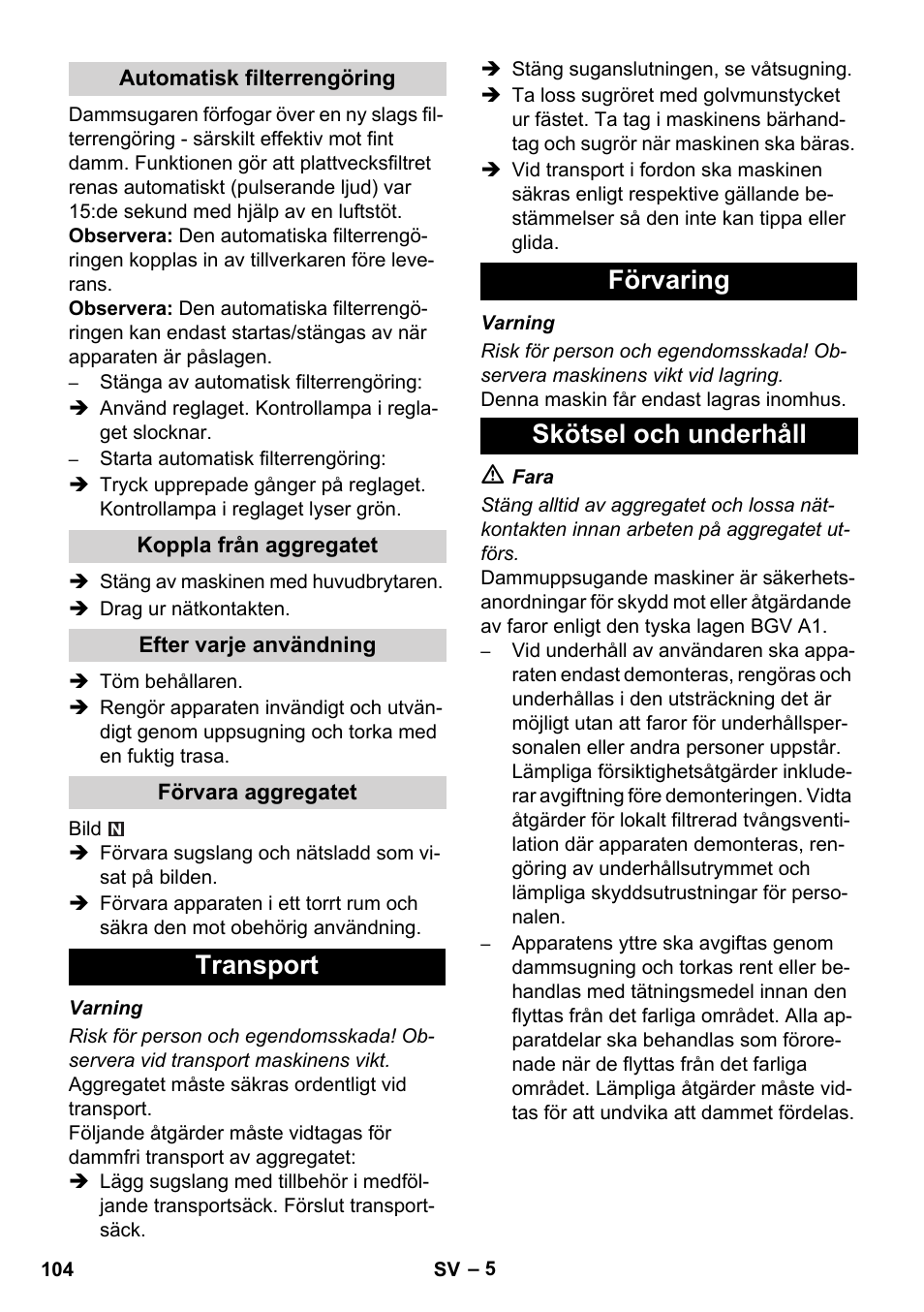 Transport förvaring skötsel och underhåll | Karcher NT 45-1 Tact Te H User Manual | Page 104 / 292