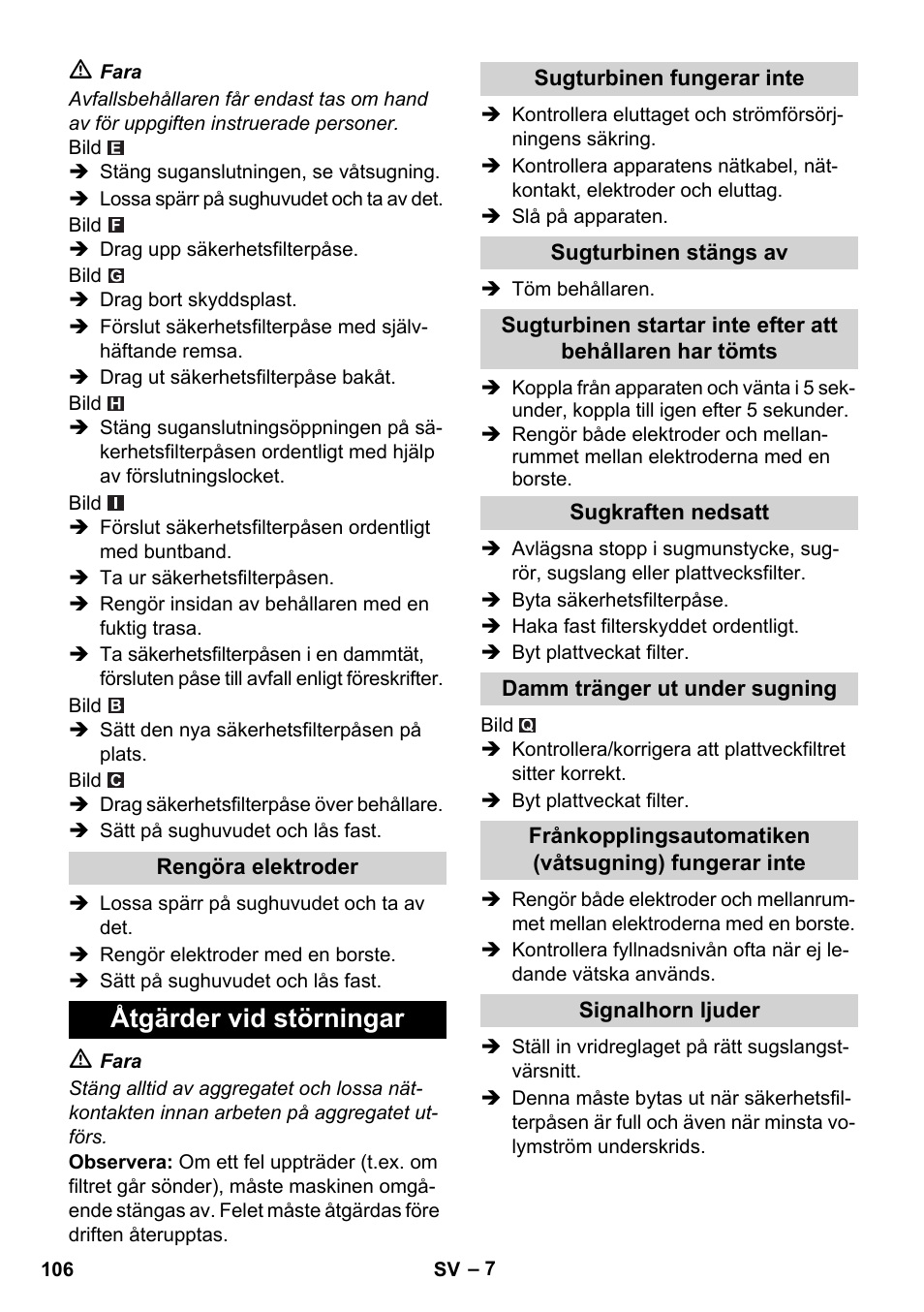 Åtgärder vid störningar | Karcher NT 45-1 Tact Te H User Manual | Page 106 / 292