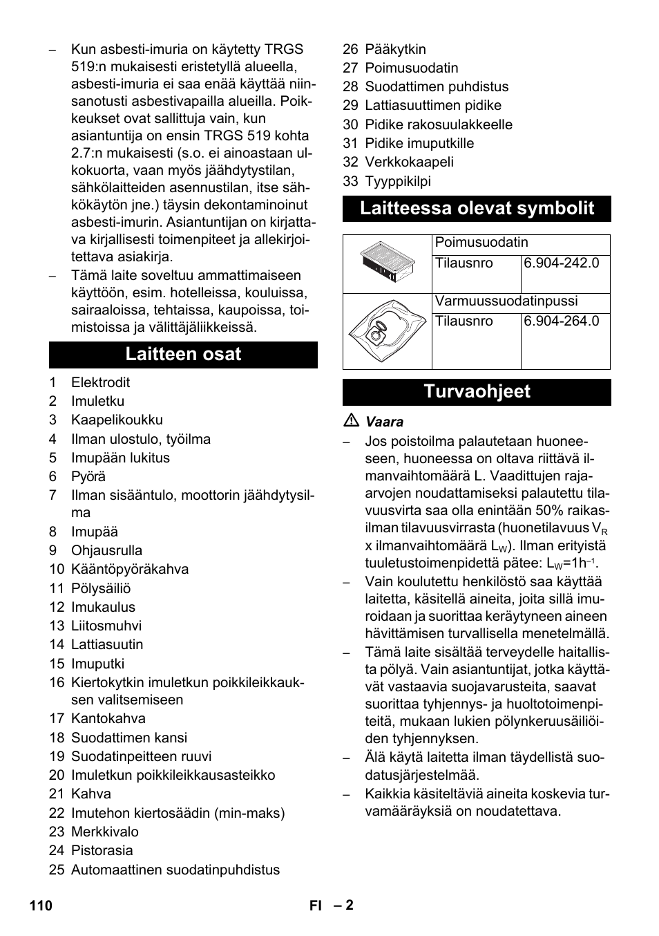 Laitteen osat laitteessa olevat symbolit, Turvaohjeet | Karcher NT 45-1 Tact Te H User Manual | Page 110 / 292