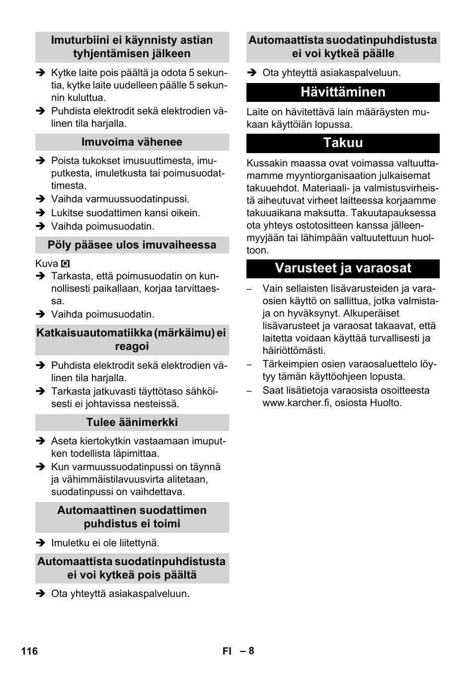 Hävittäminen takuu varusteet ja varaosat | Karcher NT 45-1 Tact Te H User Manual | Page 116 / 292