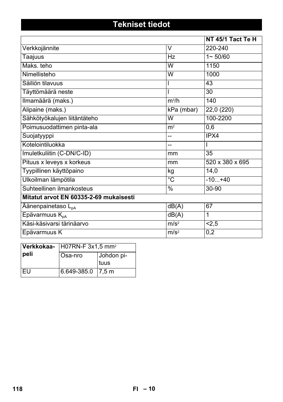 Tekniset tiedot | Karcher NT 45-1 Tact Te H User Manual | Page 118 / 292