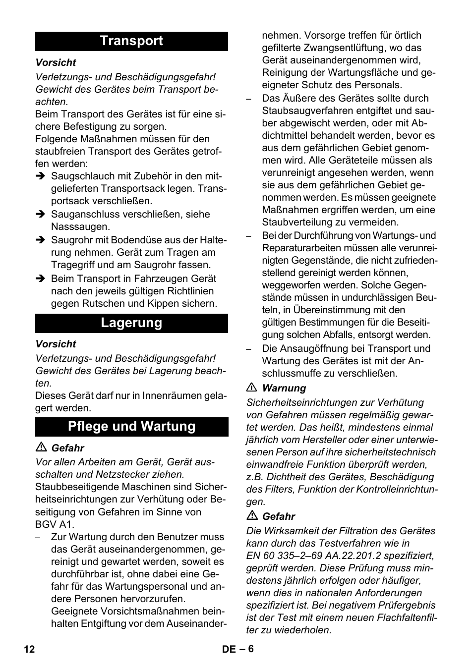 Transport lagerung pflege und wartung | Karcher NT 45-1 Tact Te H User Manual | Page 12 / 292